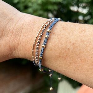 Set of 3 bracelets golden beads and grey/blue silk thread macrame